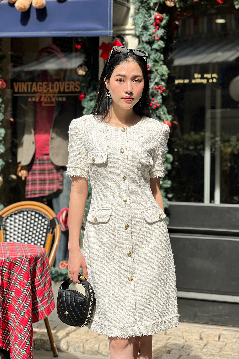 Đầm tweed dáng A phối túi