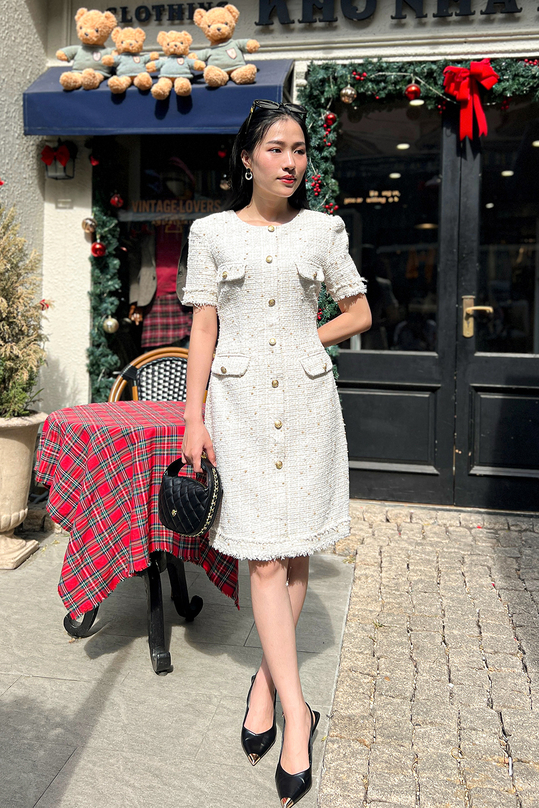 Đầm tweed màu trắng dáng A phối túi KK166-10