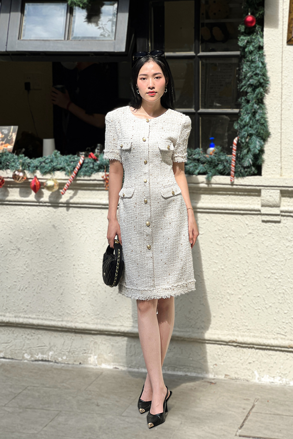 Đầm tweed dáng A phối túi