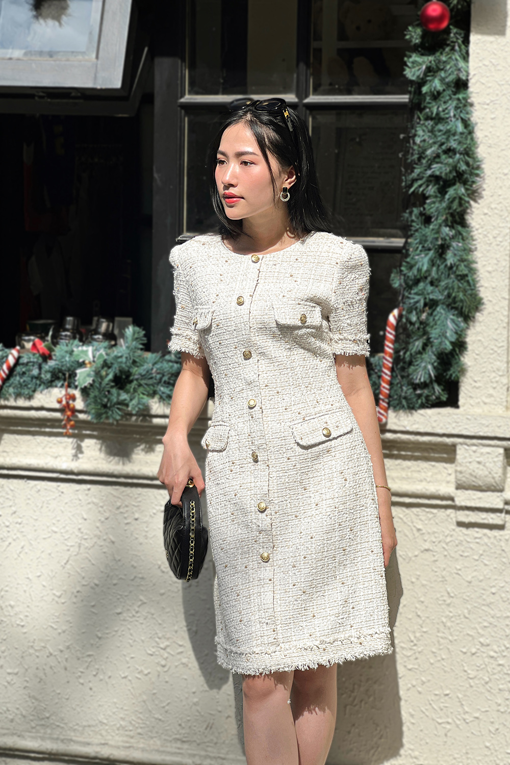 Đầm tweed dáng A phối túi