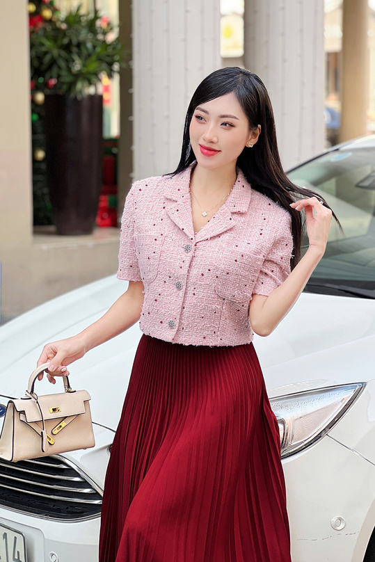Áo khoác tweed dáng ngắn màu hồng AK12-04