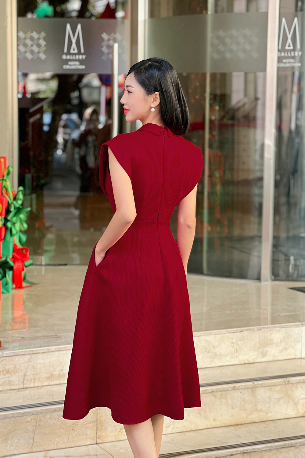 Đầm đỏ dự tiệc cổ đan tông dáng a xòe