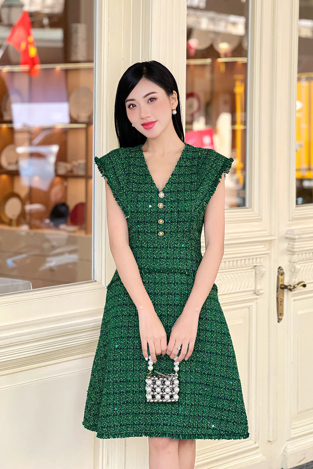 Đầm tweed dự tiệc xanh dáng chữ A cổ V