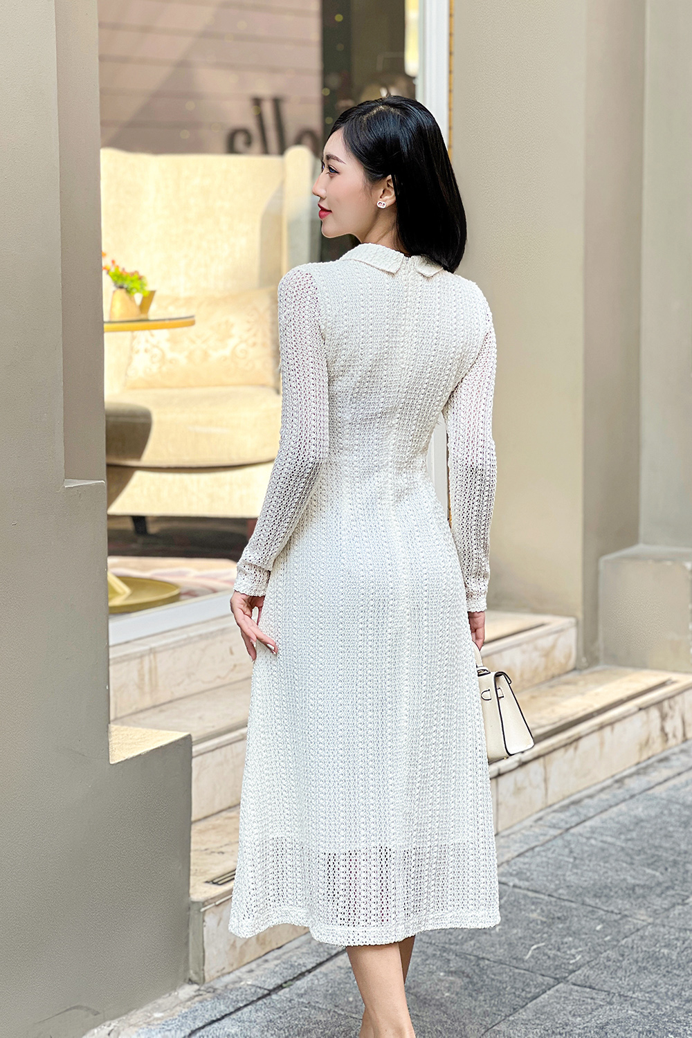 Đầm ren thun trắng dự tiệc dáng dài chữ a