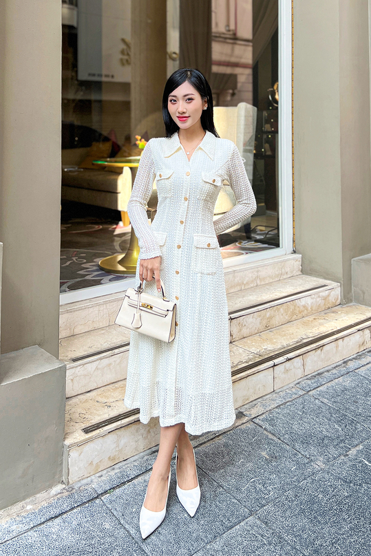 Đầm ren thun trắng dự tiệc dáng dài chữ a HL25-09
