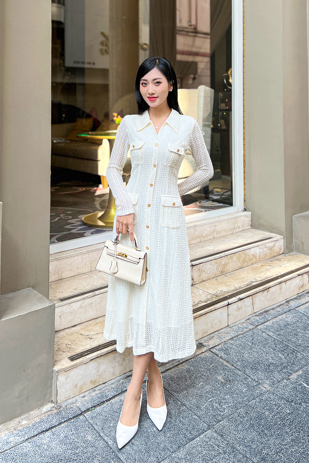 Đầm ren thun trắng dự tiệc dáng dài chữ a