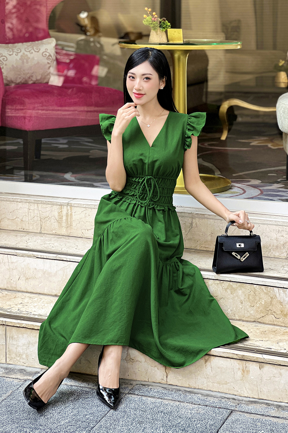 Đầm xòe dáng dài màu xanh eo bo chun