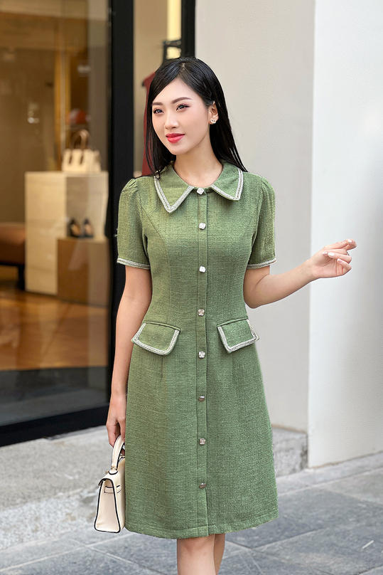 Đầm tweed dự tiệc dáng chữ a màu xanh KK165-40