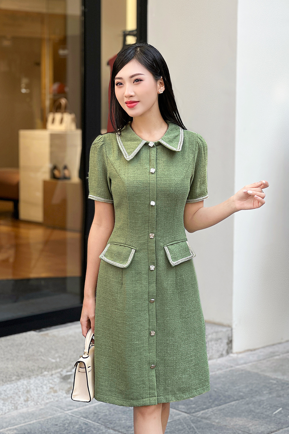 Đầm tweed dự tiệc dáng chữ a màu xanh phối túi