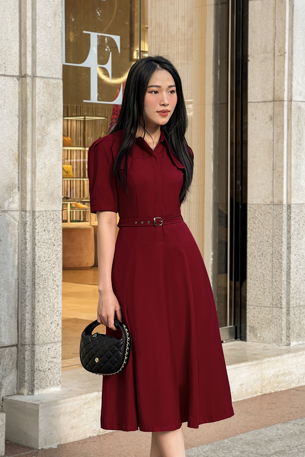 Đầm đỏ công sở dáng xòe