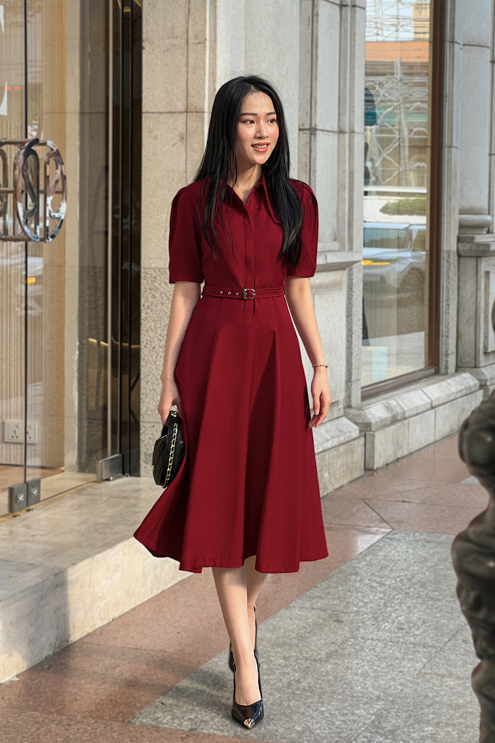 Đầm đỏ công sở dáng xòe
