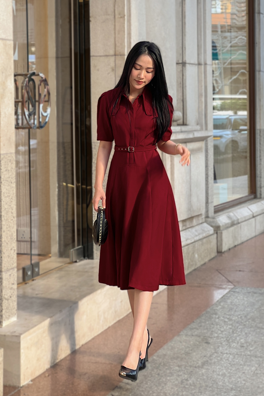 Đầm đỏ công sở dáng xòe