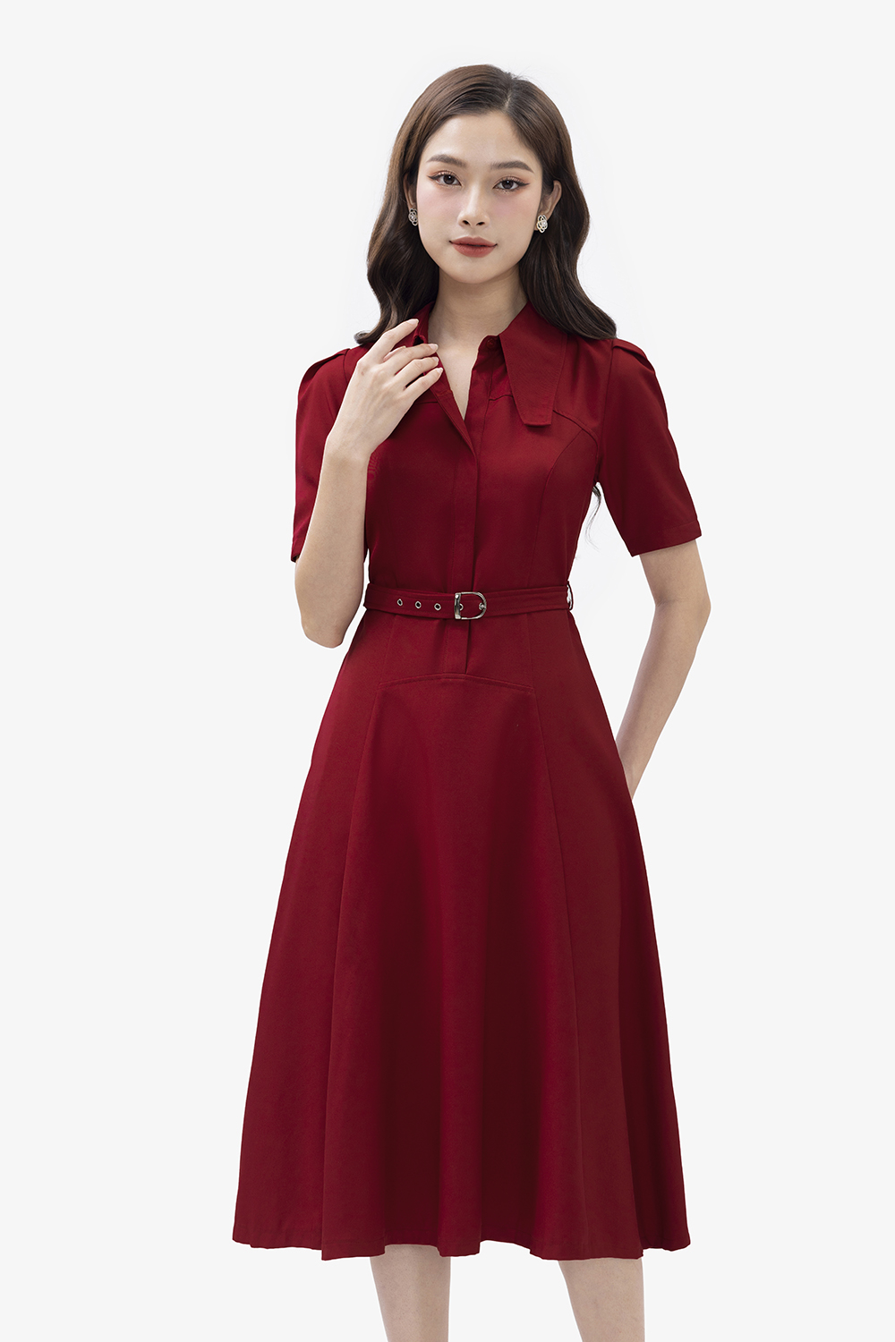 Đầm đỏ công sở dáng xòe