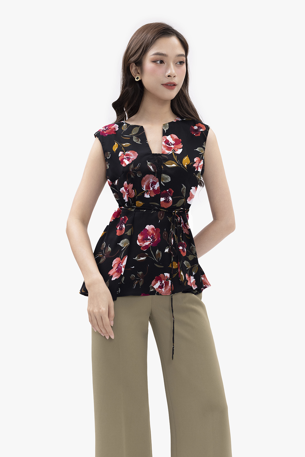 Áo kiểu nữ peplum sát nách họa tiết hoa
