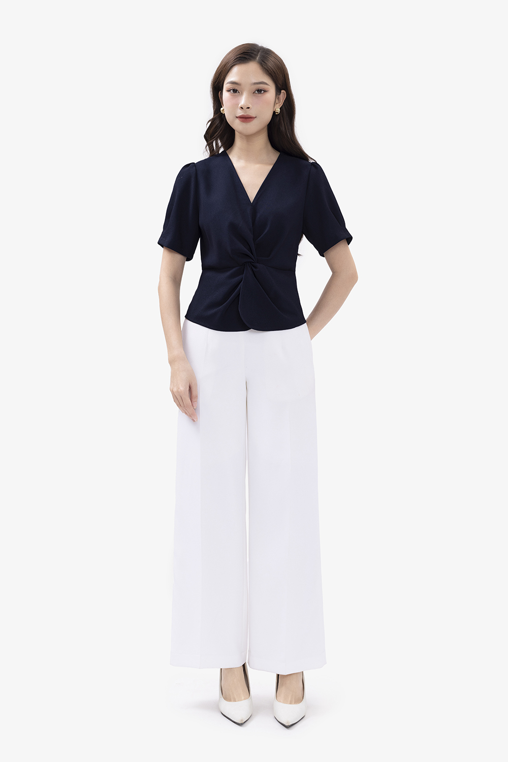 Áo kiểu công sở nữ màu xanh đen xoắn eo