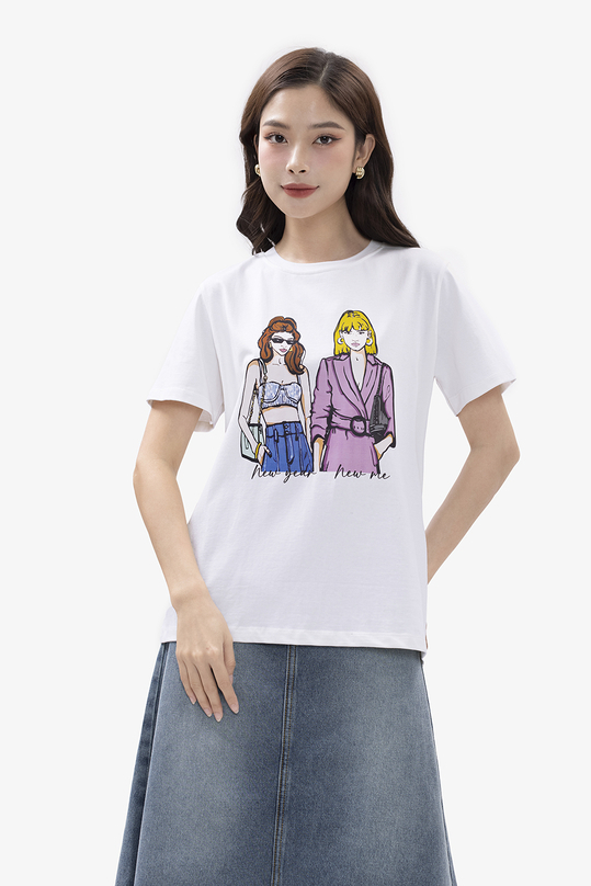 Áo thun trắng nữ in hình 2 cô gái ASM17-35