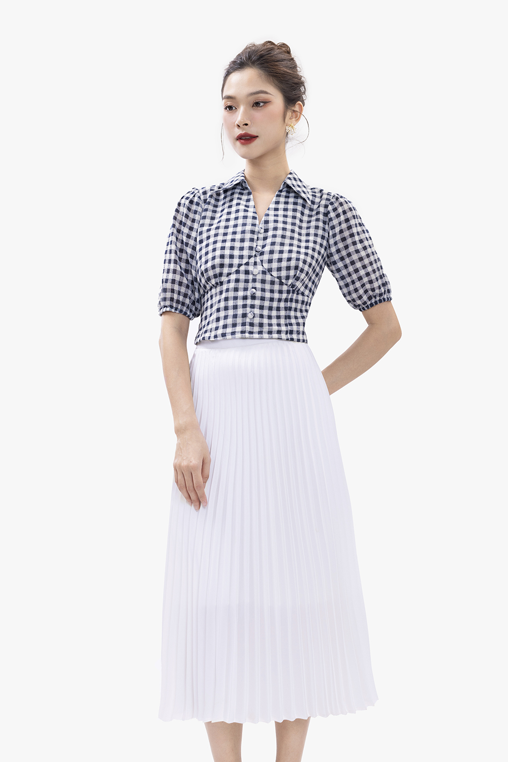 Áo kiểu nữ cổ sơ mi họa tiết caro