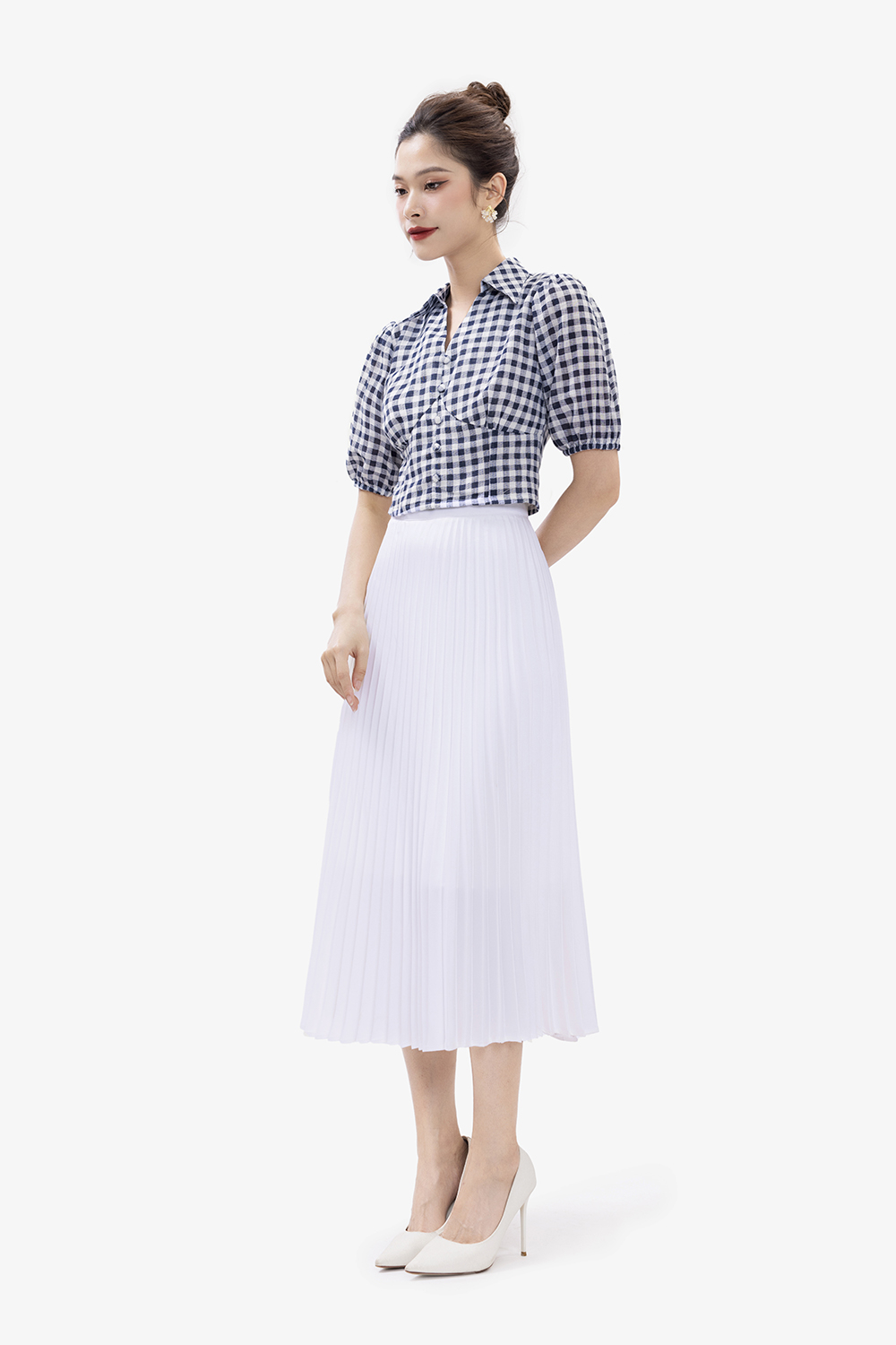 Áo kiểu nữ cổ sơ mi họa tiết caro