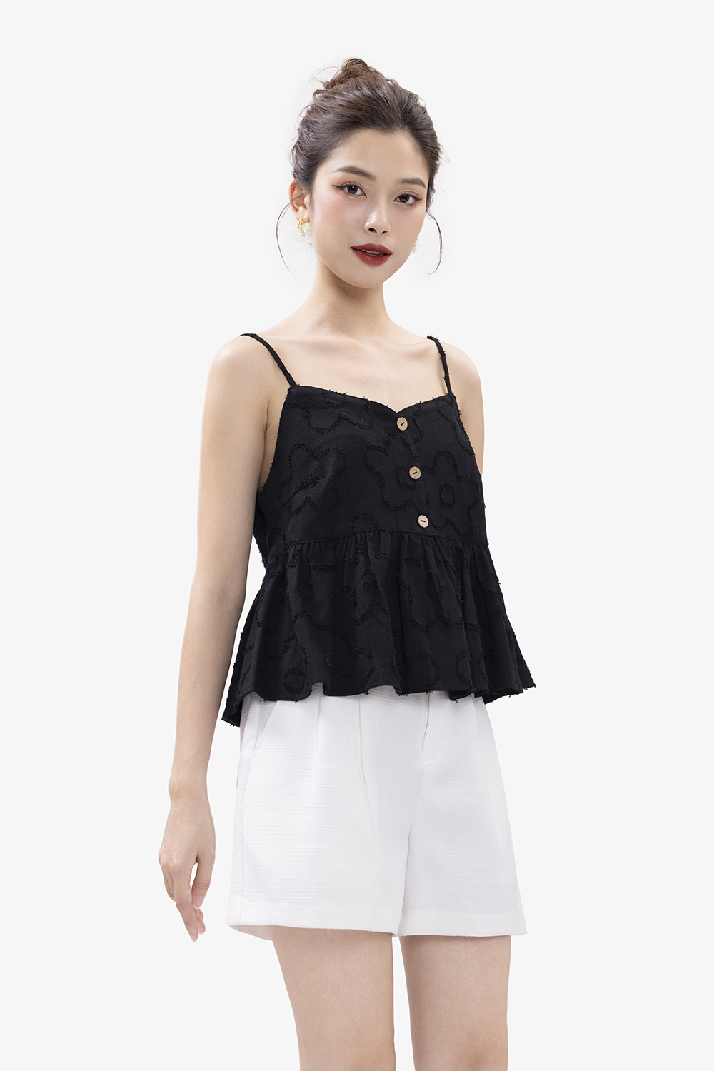 Áo kiểu nữ 2 dây màu đen dáng peplum xòe