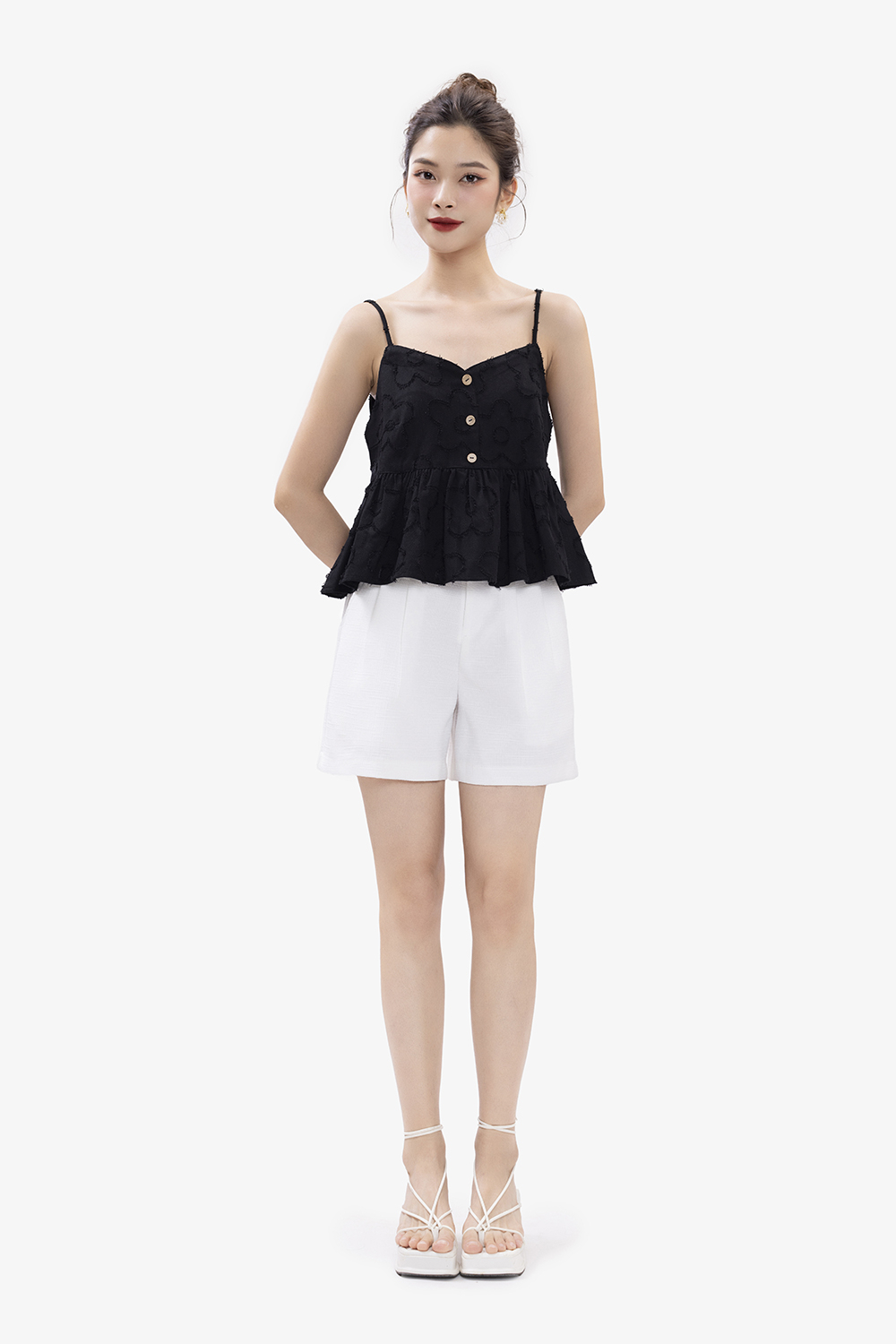 Áo kiểu nữ 2 dây màu đen dáng peplum xòe