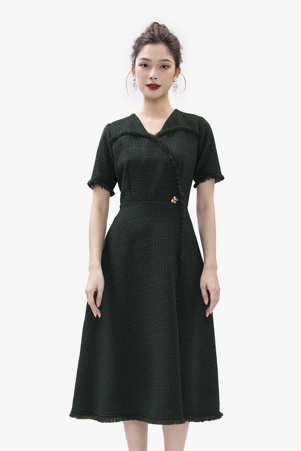 Đầm tweed dự tiệc dáng xoè chữ a cổ v