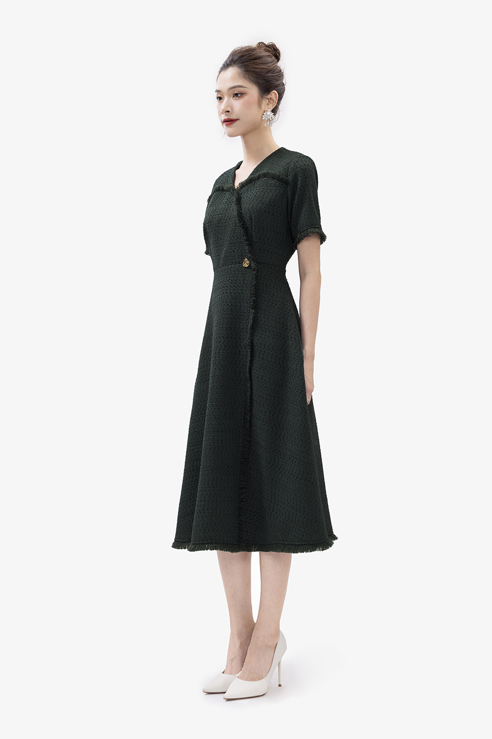 Đầm tweed dự tiệc dáng xoè chữ a cổ v