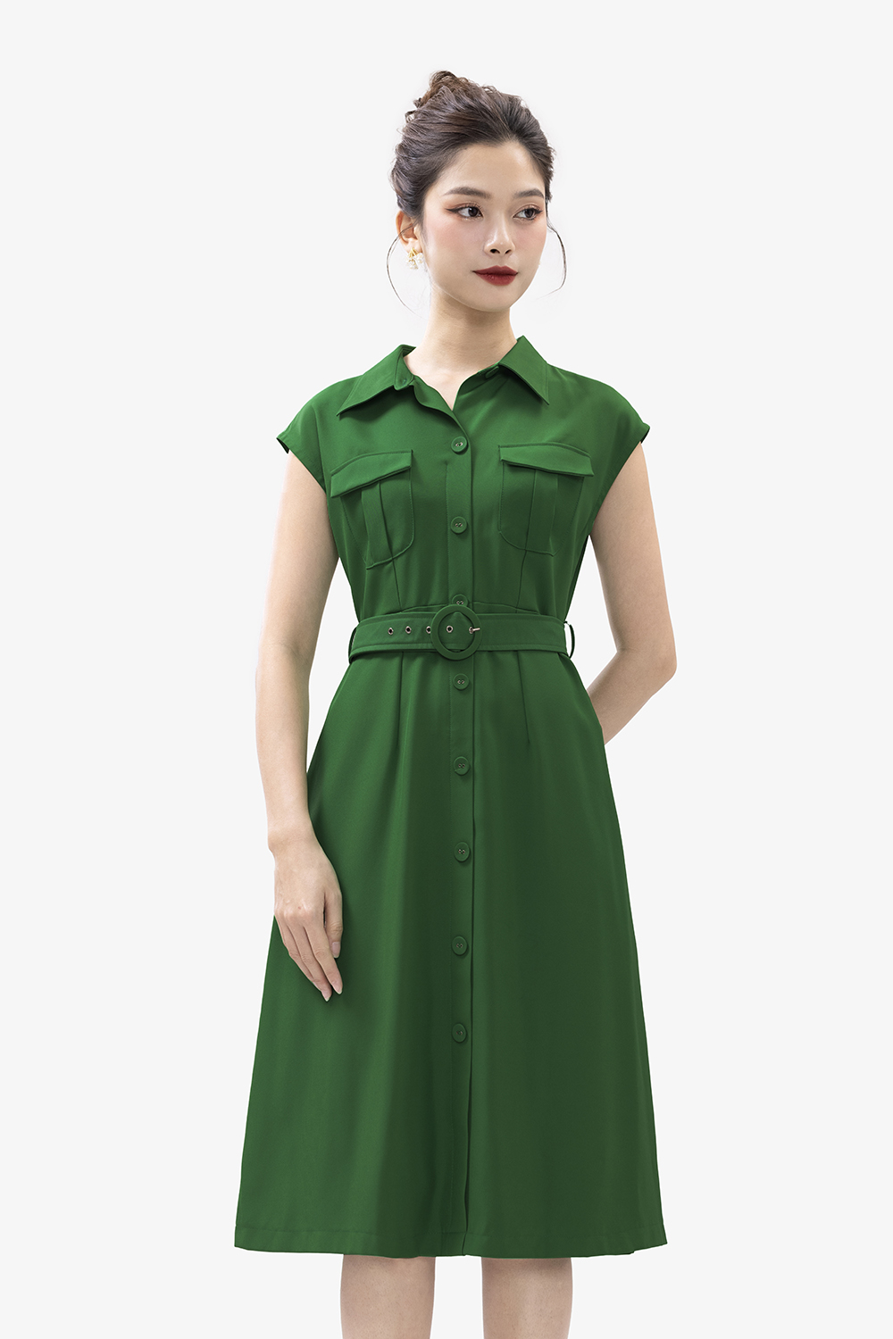 Đầm chữ a công sở màu xanh kèm thắt eo