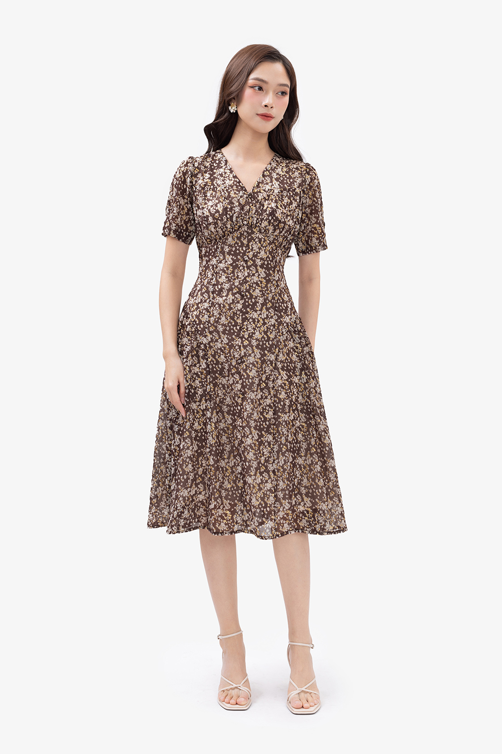 Đầm voan dáng xoè hoạ tiết hoa