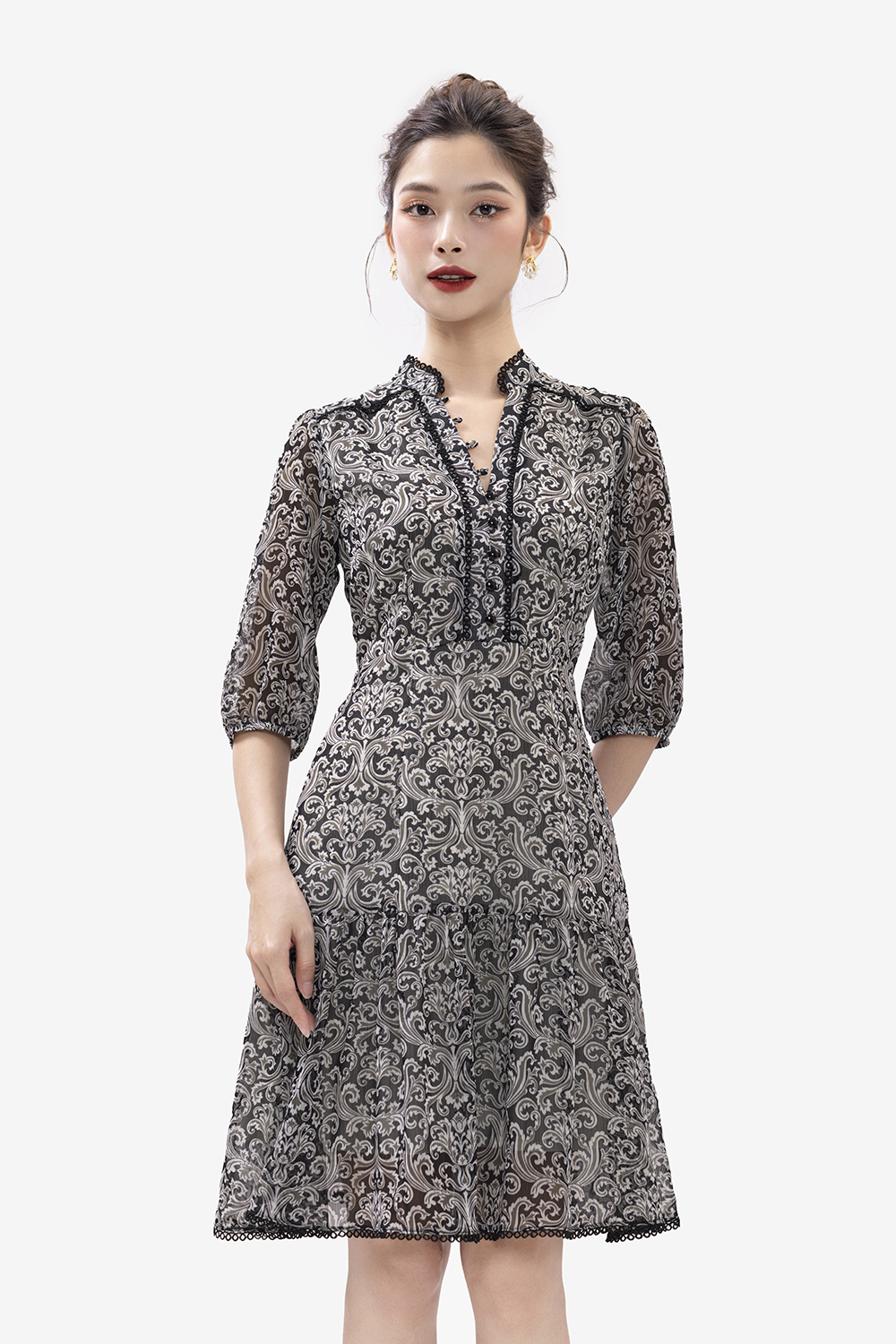 Đầm công sở đuôi cá tay lửng họa tiết