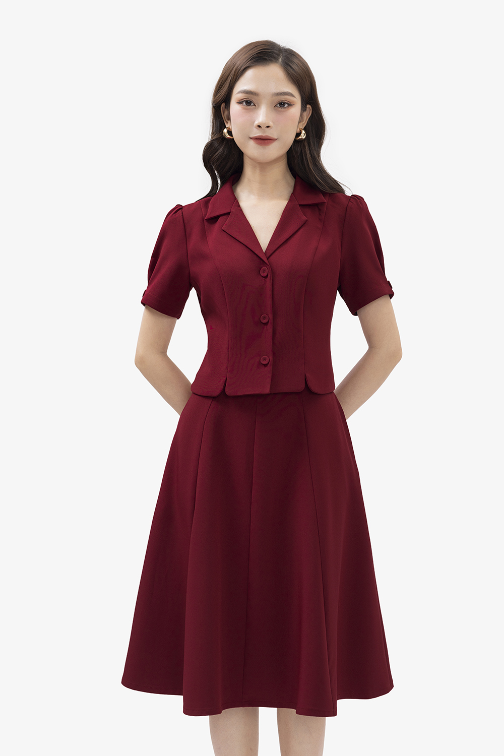 Áo kiểu nữ màu đỏ cổ đan tông