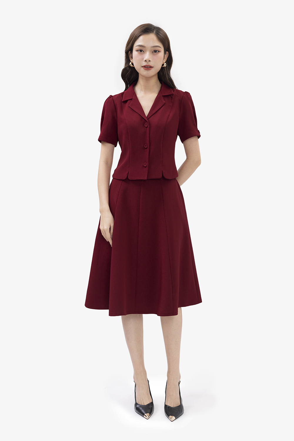 Áo kiểu nữ màu đỏ cổ đan tông