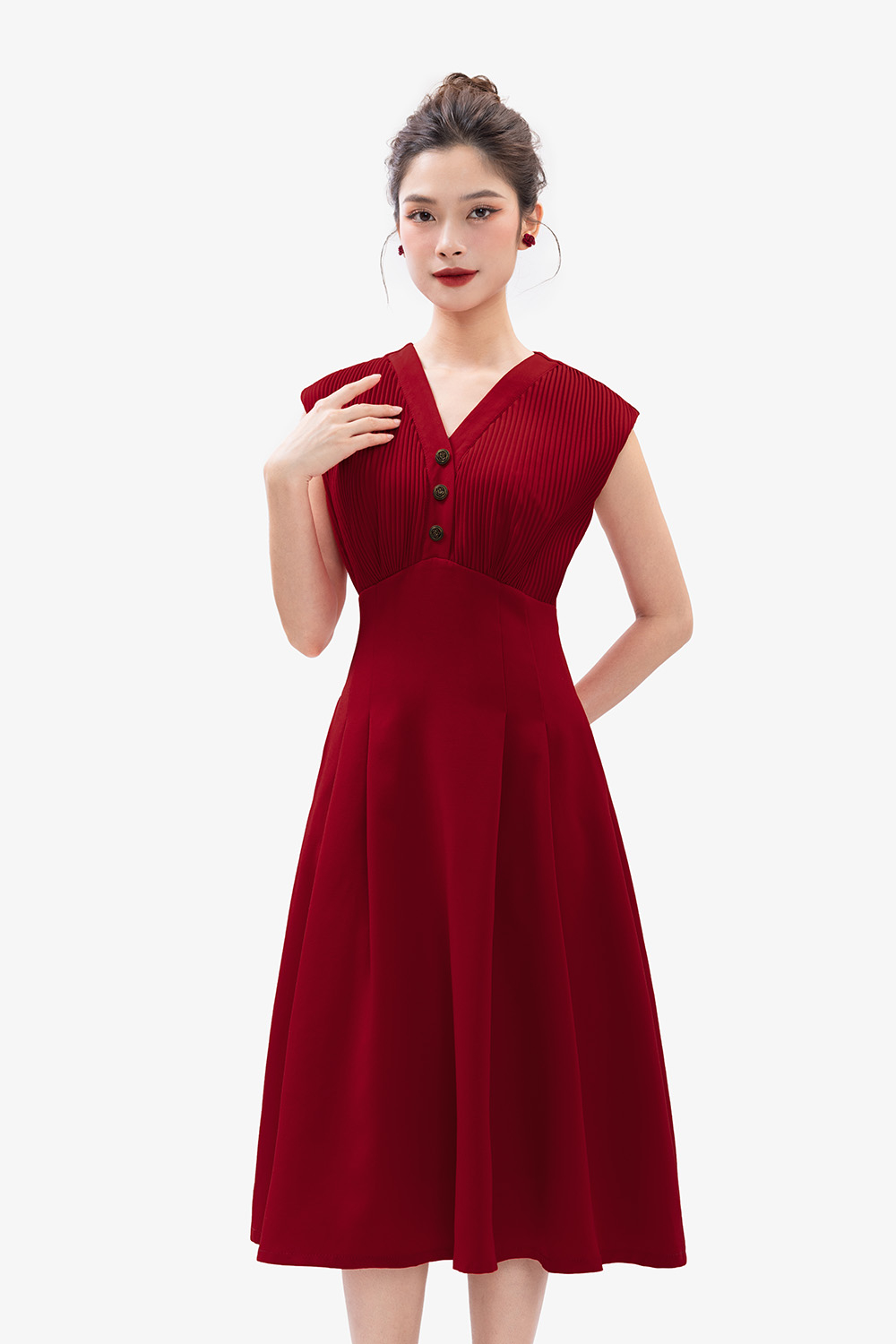 Đầm xòe đỏ dự tiệc ngực xếp ly nhấn eo cao