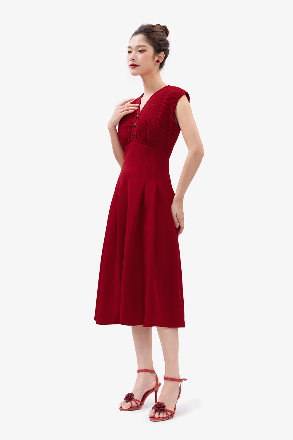 Đầm xòe đỏ dự tiệc ngực xếp ly nhấn eo cao