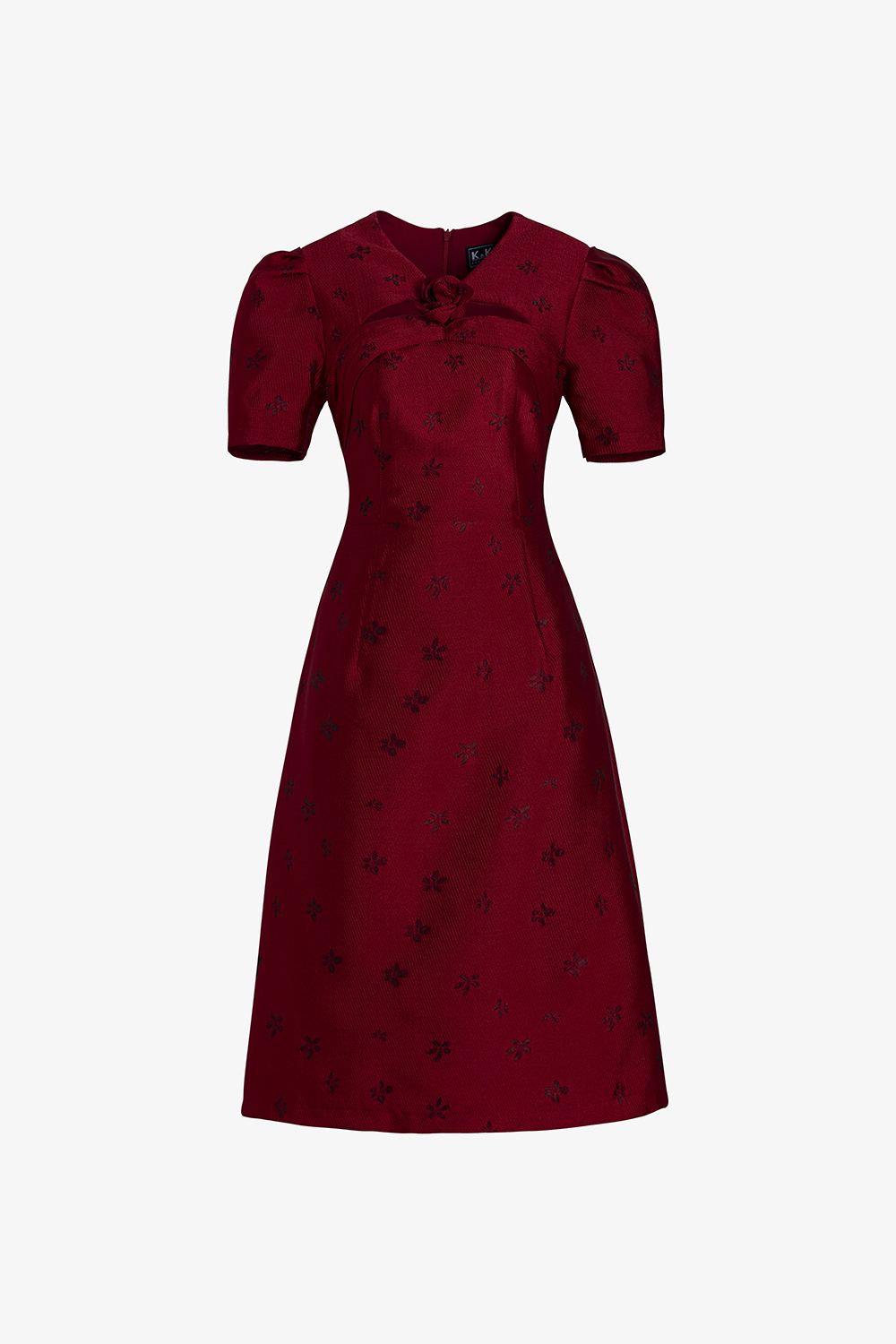 Đầm tafta đỏ hoa dự tiệc cổ cut-out đính hoa