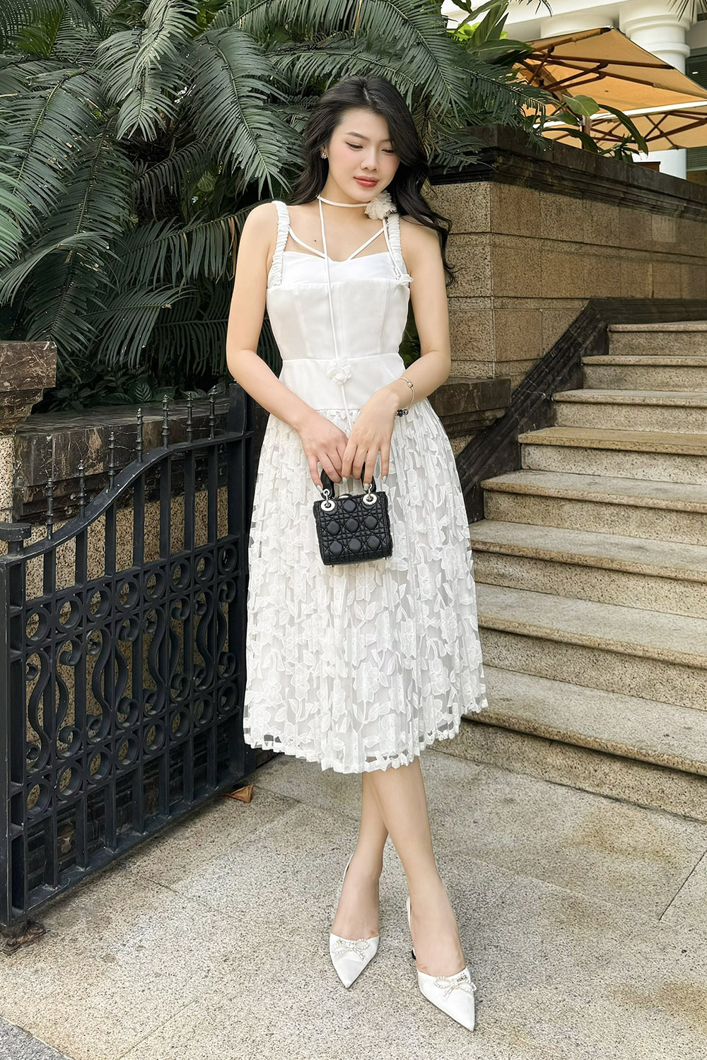 Váy xoè trễ vai màu trắng thiết kế đơn giản, dễ thương #3079