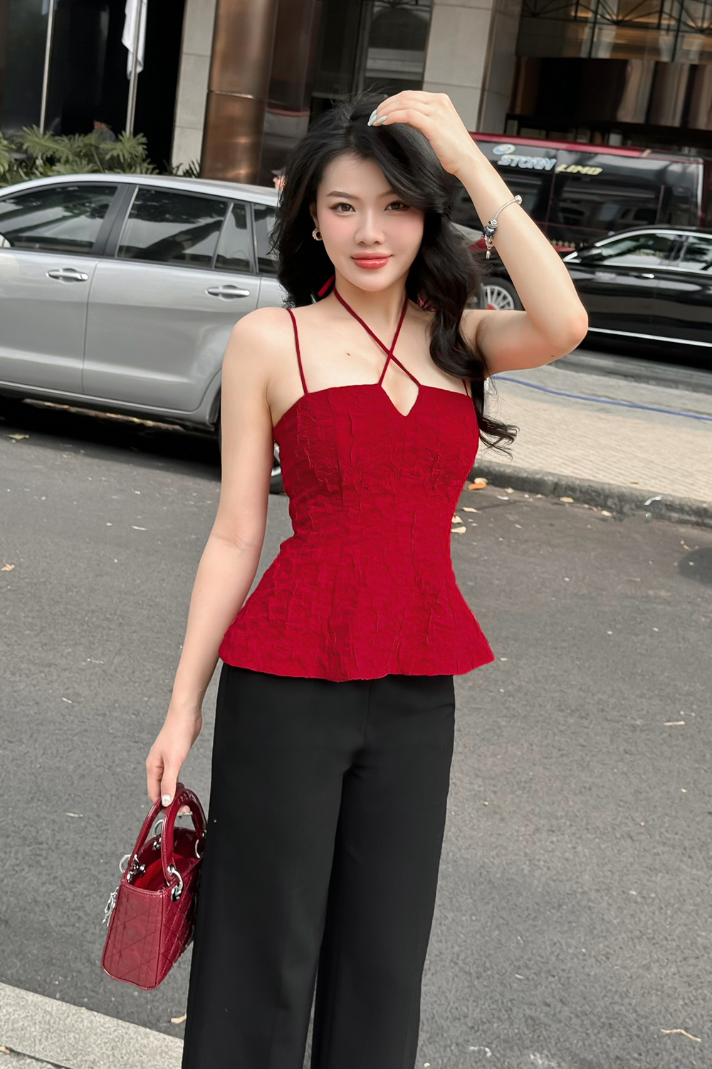 Áo kiểu 2 dây màu đỏ dáng peplum
