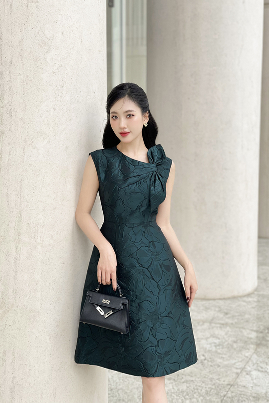 Đầm hoa tafta xanh dự tiệc dáng chữ a KK166-30