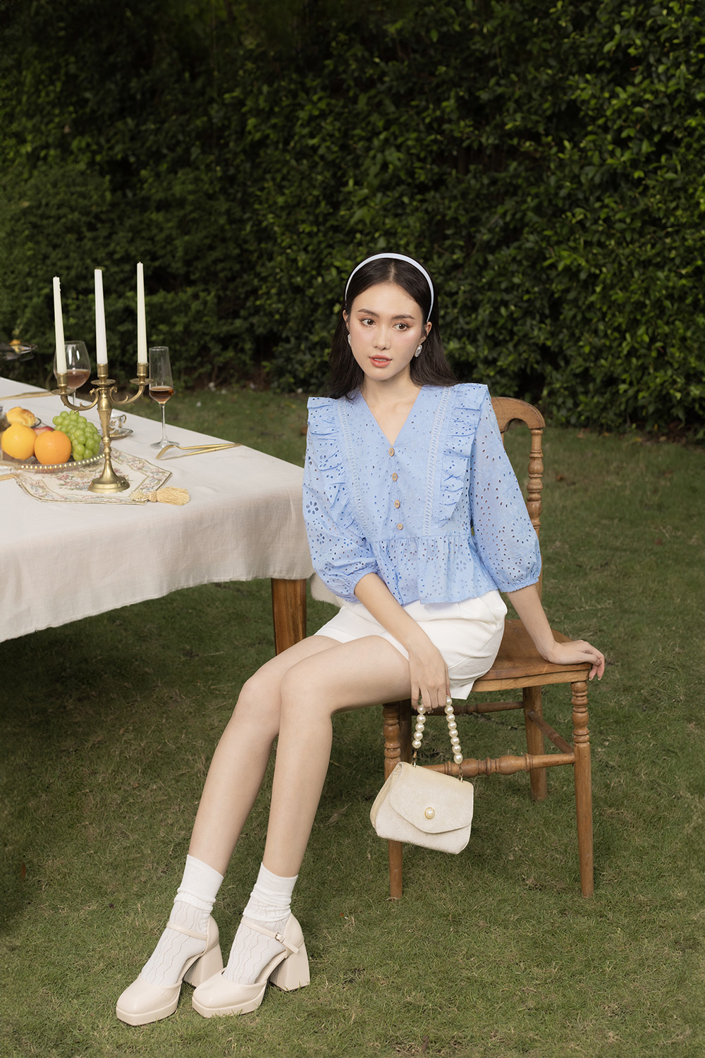 Áo babydoll màu xanh tay lửng