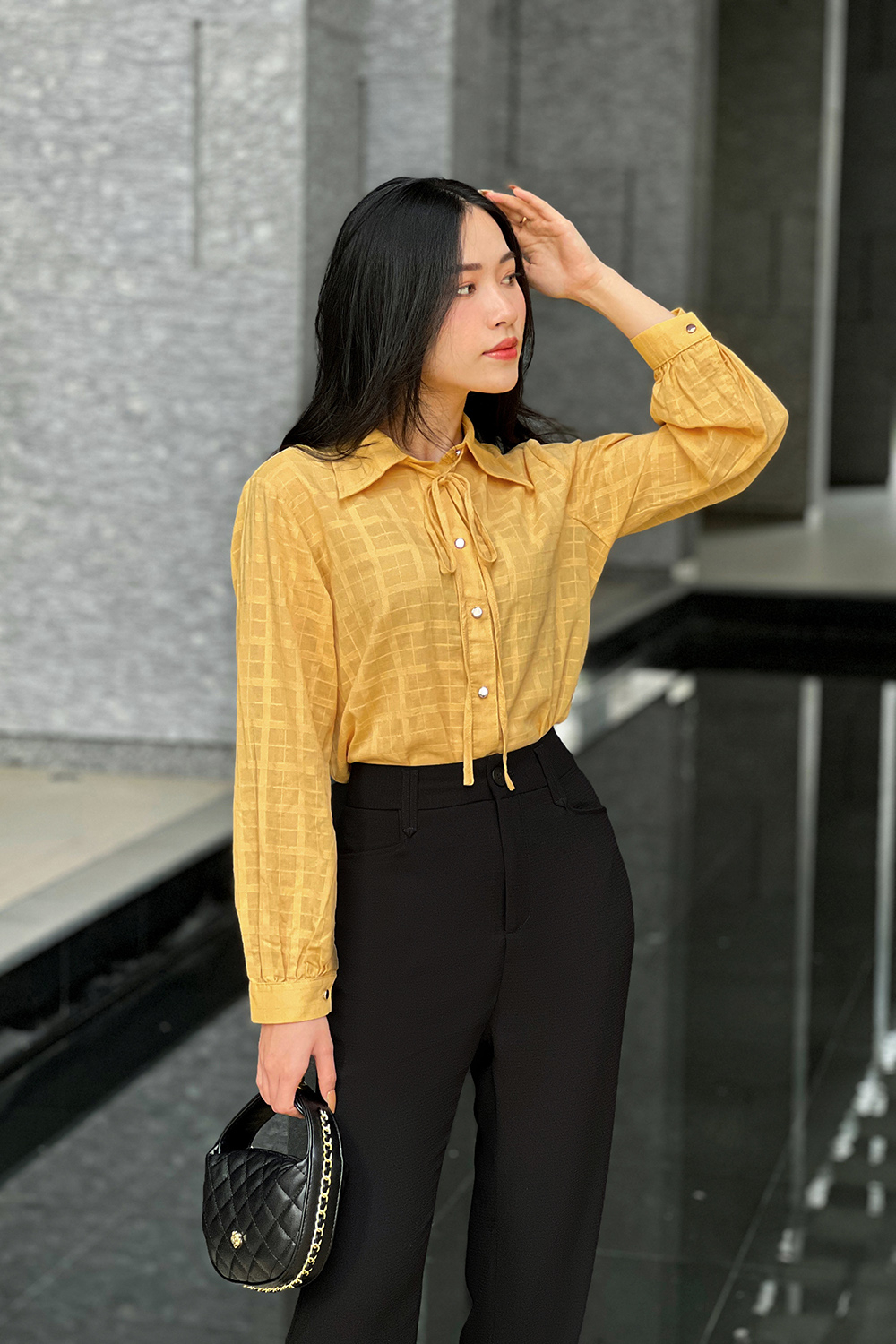 Áo sơ mi công sở nữ tay dài màu vàng