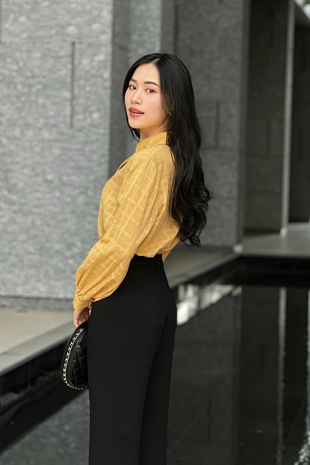 Áo sơ mi công sở nữ tay dài màu vàng