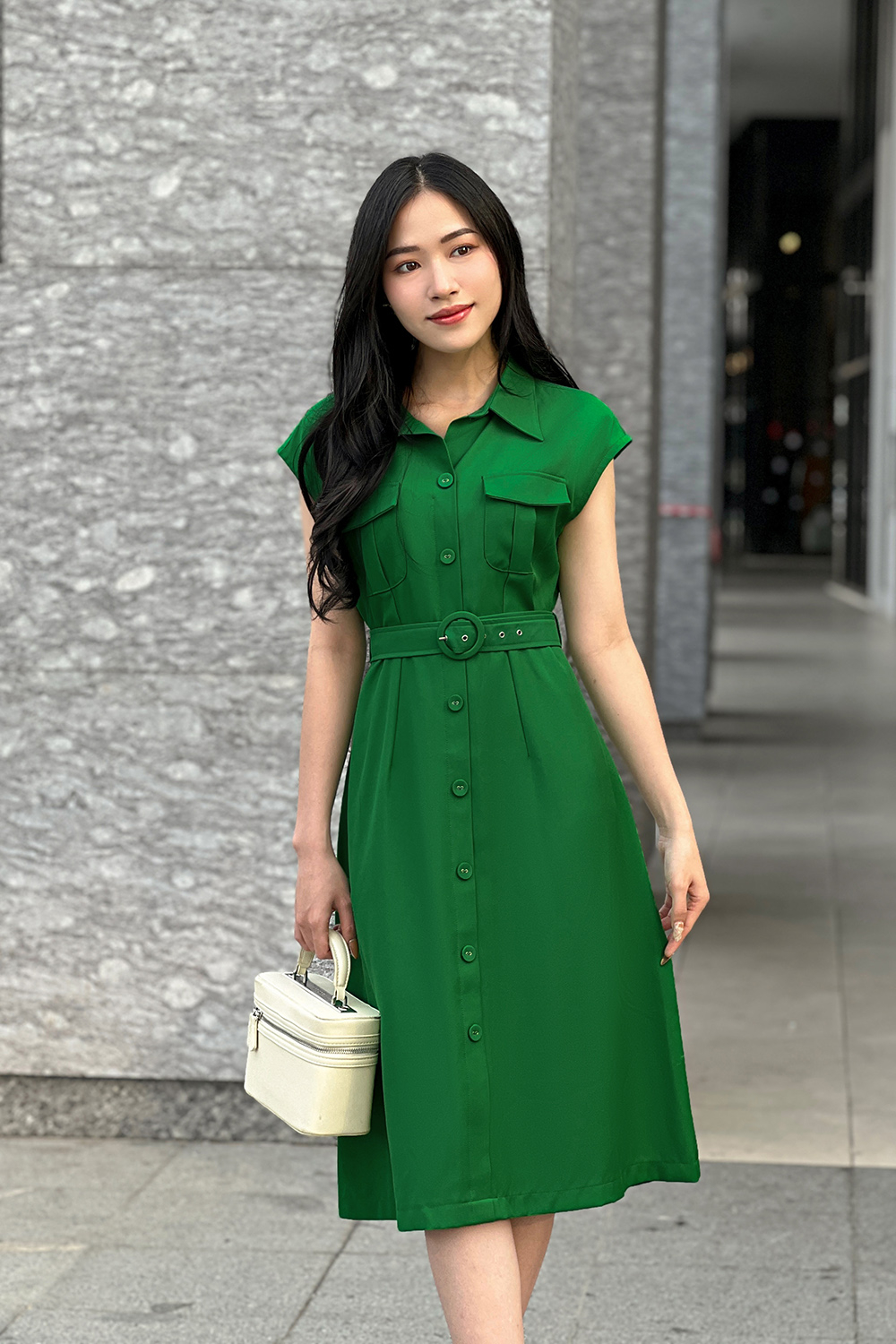 Đầm chữ a công sở màu xanh kèm thắt eo