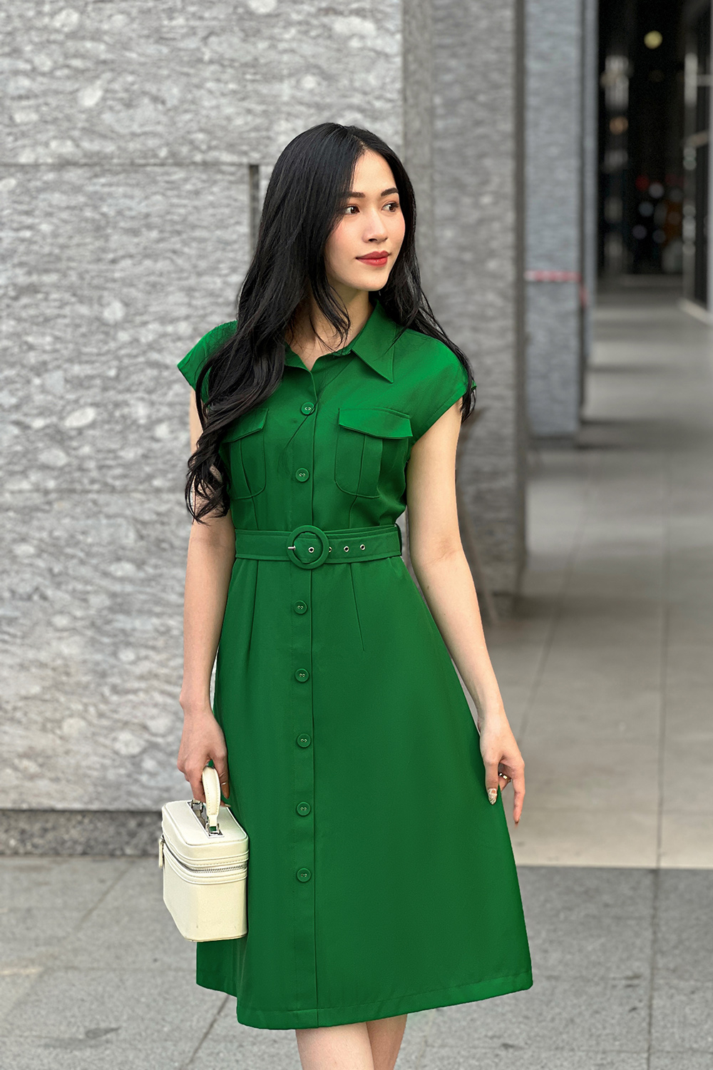 Đầm chữ a công sở màu xanh kèm thắt eo