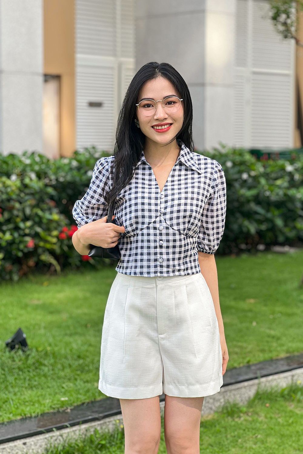 Áo kiểu nữ cổ sơ mi họa tiết caro