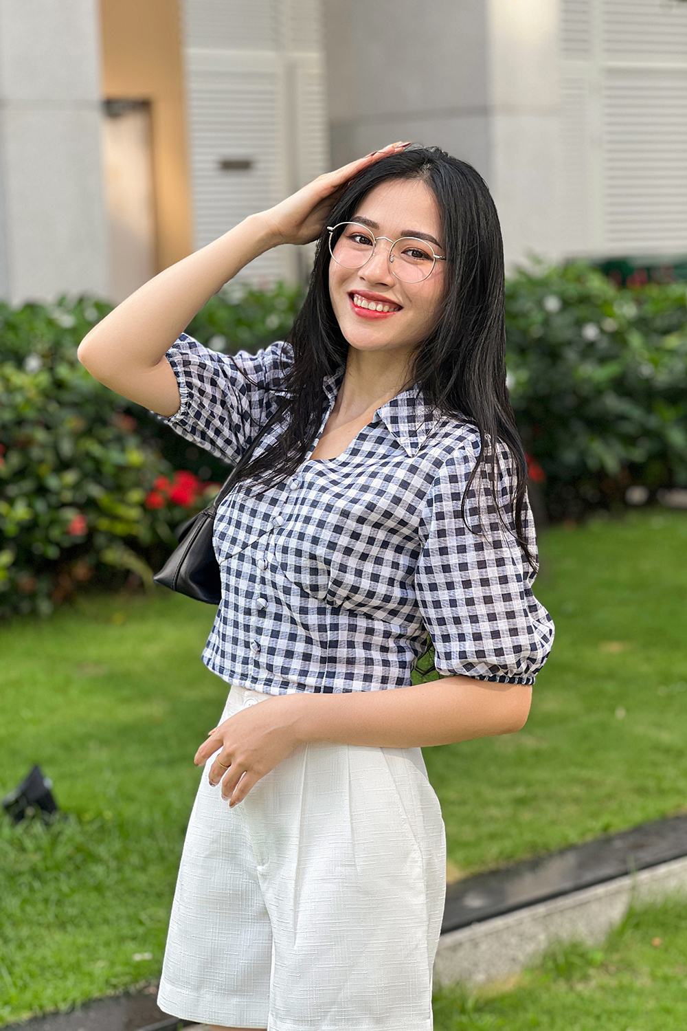 Áo kiểu nữ cổ sơ mi họa tiết caro