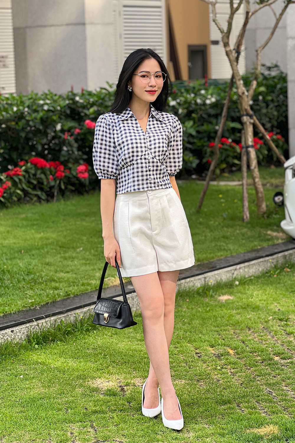 Áo kiểu nữ cổ sơ mi họa tiết caro