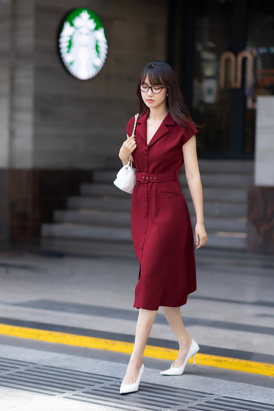 Đầm công sở màu đỏ dáng xòe phối belt KK166-33