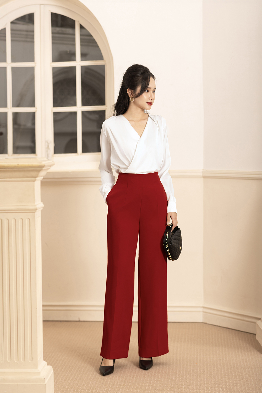 Quần công sở nữ lưng cao ống suông màu đỏ