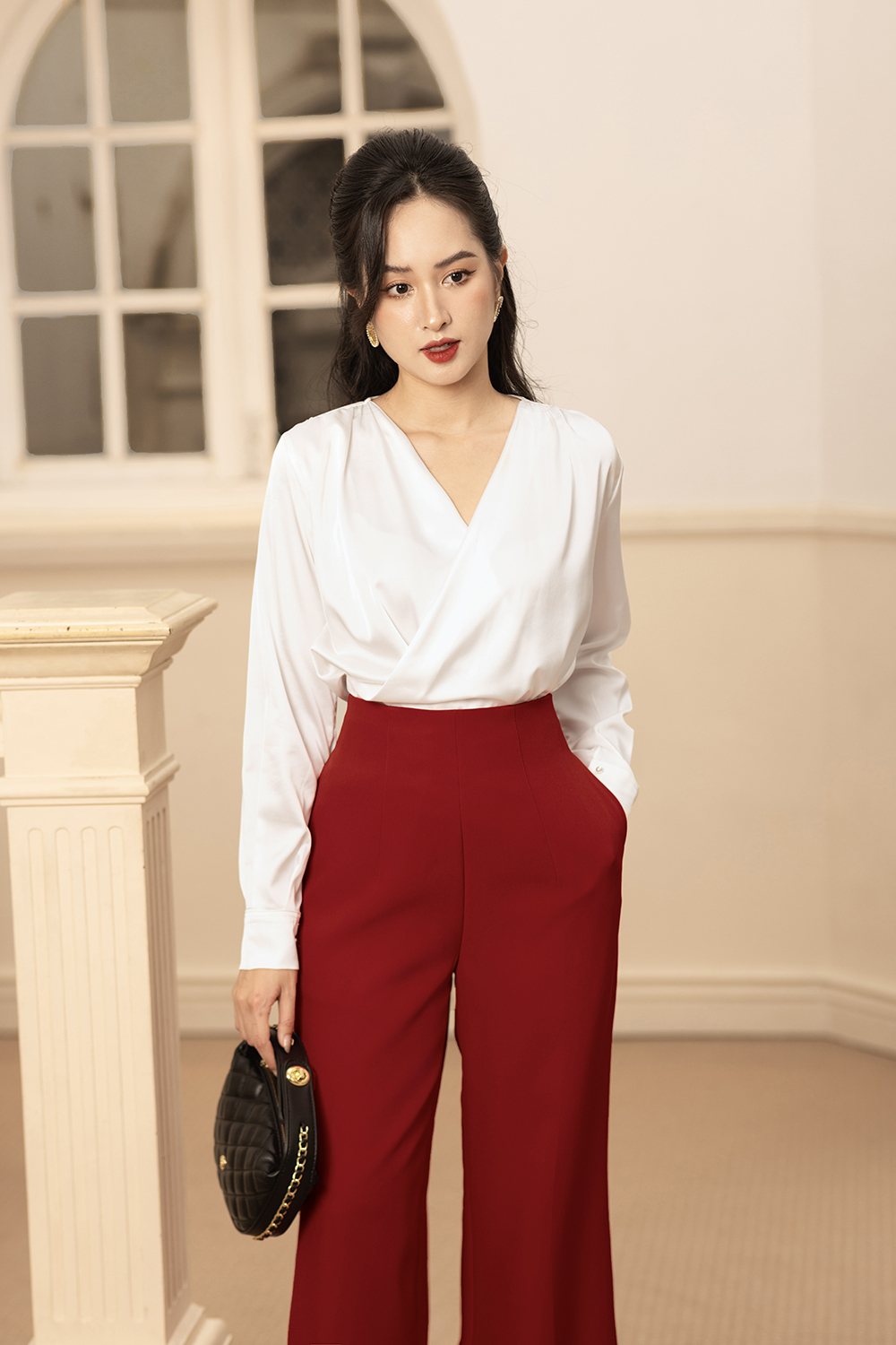 Quần công sở nữ lưng cao ống suông màu đỏ