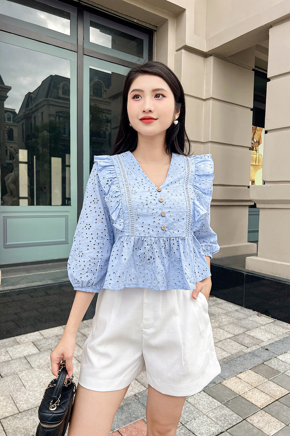 Áo babydoll màu xanh tay lửng