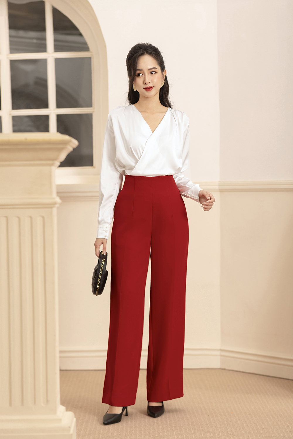 Quần công sở nữ lưng cao ống suông màu đỏ